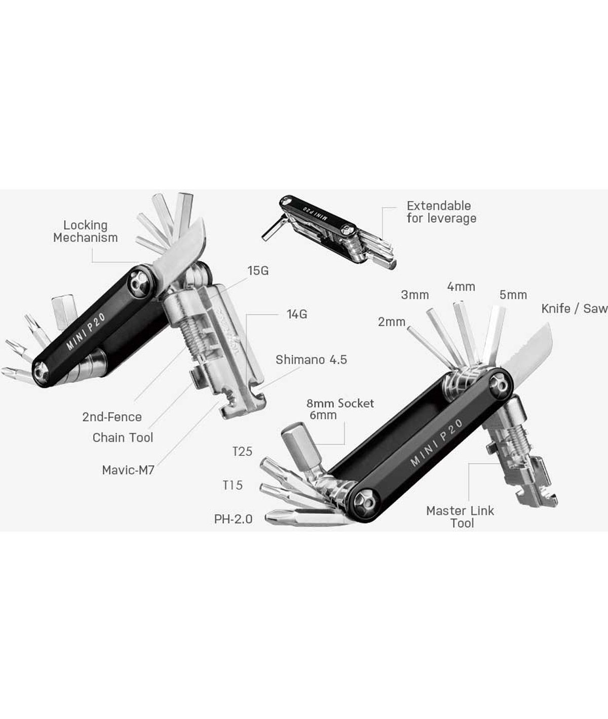 Chiave multiuso Mini P20 (20 funzioni) nera con custodia thumbnail
